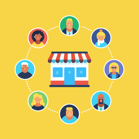 Online shopping, Eshop, Online sales, Online marketing, Happy customers. Flat design Modern vector illustration concept.のイラスト素材