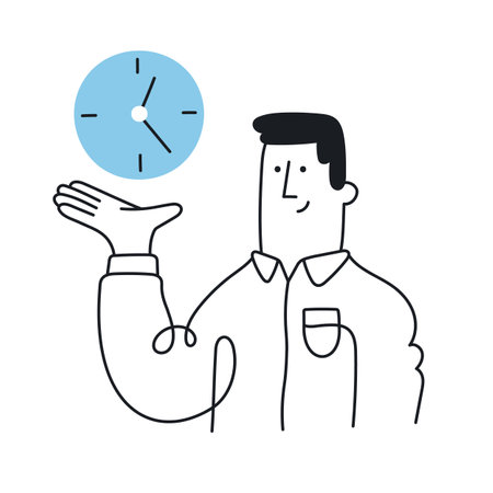 Man holding a clock in his hand. Time management, planning, organizes working time, effective business, deadline. Outline, linear, thin line, doodle art. Simple style with editable stroke.のイラスト素材