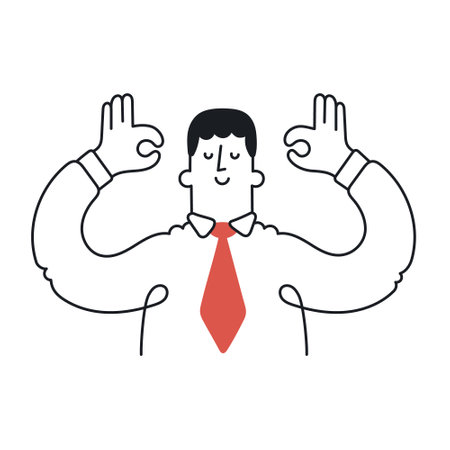 Happy businessman meditating. Concept of calm business, meditation, managing Stress. Outline, linear, thin line, doodle art. Simple style with editable stroke.のイラスト素材