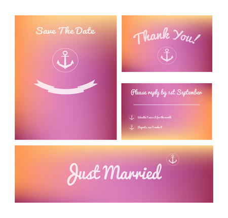Set of modern wedding cards on pleasant blurred pink background.Save the date, thank you, rsvp, just married banner. Ideal for thematic party.のイラスト素材