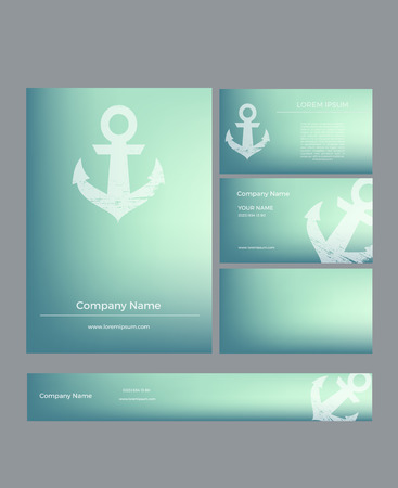 Set of business cards in marine style on blurred background with anchor in grunge style.Brochure, business card, background, bookmarkのイラスト素材