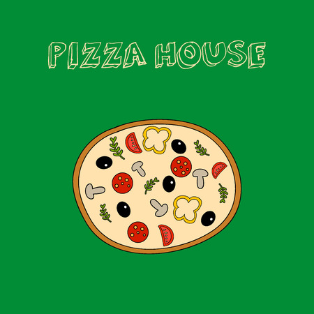 Hand drawn pizza on bright green background  with slogan.Here lives the pizza.Design your showcase, box for pizza, tablecloth etcのイラスト素材
