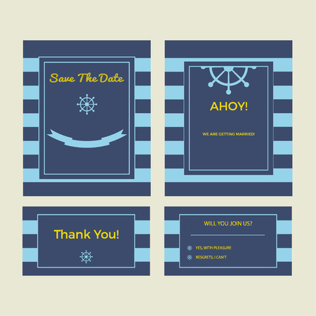Set of wedding cards in marine style with stripes and modern nautical sign - helm. Save the date, thank you, rsvp banner. Ideal for theme party.のイラスト素材