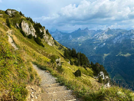 Hiking path with stairs in Swiss Alpsの写真素材