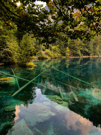 Blausee in Switzerland. Tranquil landscape with transparent water.