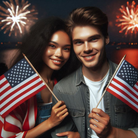 An American couple celebrating Independence day smiling and holding flags. Close-up portrait. Generative ai.の素材