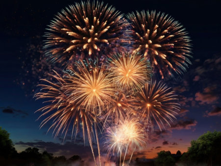Fireworks in the night sky. Happy celebration. Generative ai.の素材