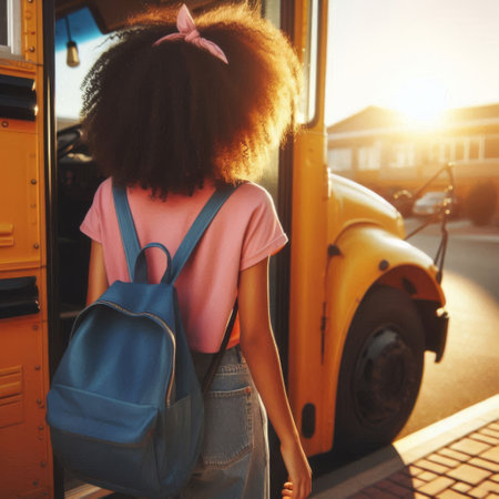 A black girl in a pink t-shirt with a blue backpack near the school bus smiling. A sunny warm nice day. Back to school concept. Generative AI.の素材