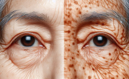 The eyes of an elderly woman with SPF and without close-up. Generative AI.の素材