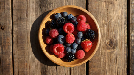 Berries on the wooden plate on the windowsill on a sunny day with a soft sunlight. Generative AI.の素材