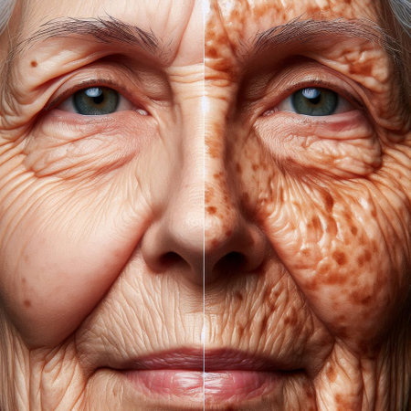 A face of an elderly woman with SPF and without close-up. Generative AI.の素材