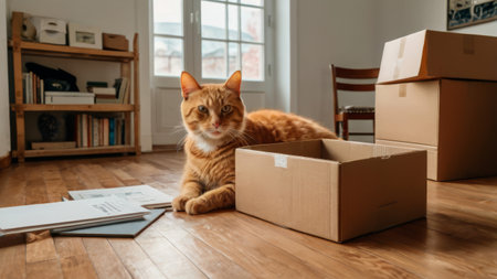 Moving to a new apartment. A red cat in the paper box. Unpacking the stuff, the books on the floor. Generative ai.の素材