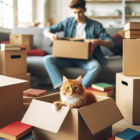 A young man moving to a new apartment. A curious funny red cat with long fur in the paper box. Generative ai.の素材
