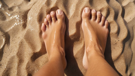 Woman's toes on the beach. Top view. Summer time. Generative ai.の素材