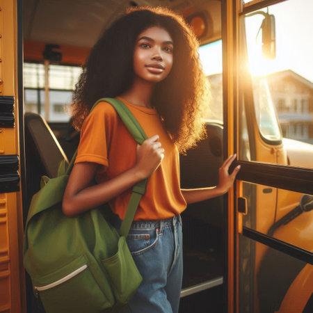 A black teenage girl in an orange t-shirt with a green backpack near the school bus. Generative AI.の素材