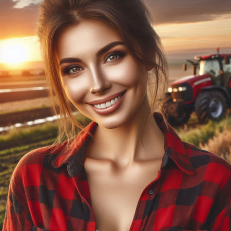 A portrait of a young smiling woman farmer in a red plaid shirt with a tractor in the background. Generative Ai.の素材