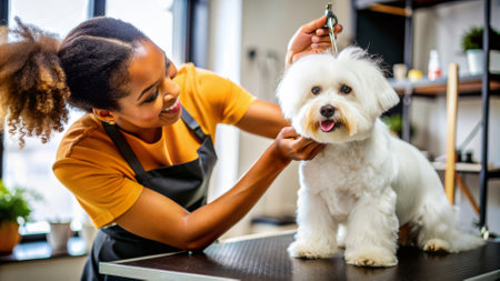 At a pet grooming salon, a skilled black woman groomer carefully trims the fluffy white dogs hair to keep it wellmaintained. Generative ai.の写真素材