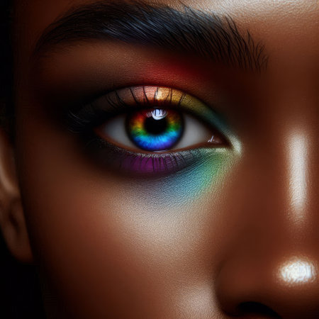 A human eye closeup shows a vibrant rainbow iris with intricate patterns, a spectacular visual display. Generative ai.の写真素材