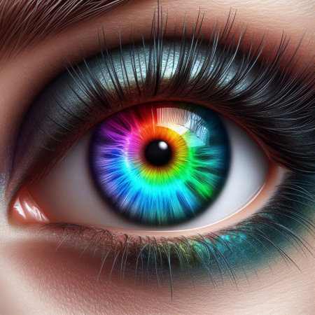 An upclose photograph featuring a vivid and colorful eye with a rainbow effect. Generative ai.の写真素材
