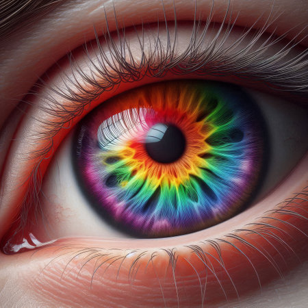 An upclose photograph featuring a vivid and colorful eye with a rainbow effect.の写真素材