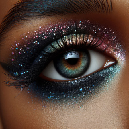 A closeup displaying vibrant and sparkling eye makeup with dazzling intricate details. Generative ai.の写真素材