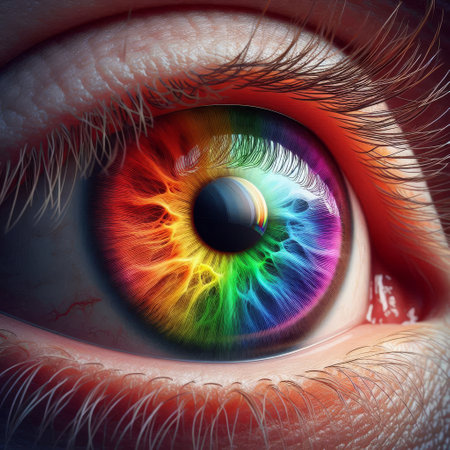 An upclose photograph featuring a vivid and colorful eye with a rainbow effect.の写真素材