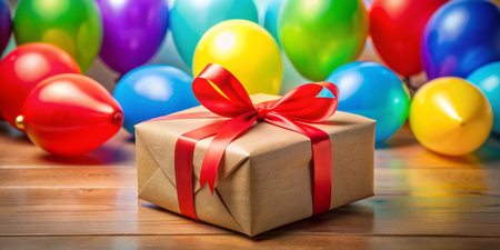 A beautifully wrapped gift box with a red ribbon, surrounded by vibrant balloons, perfect for celebrations.の写真素材
