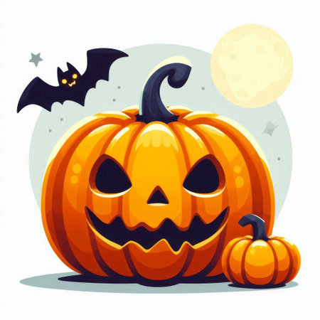 Halloween pumpkin vector illustration. Jack o lantern, bat and moon.の素材