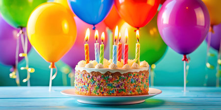 A birthday cake with a candles, surrounded by vibrant balloons, perfect for celebrations.の写真素材