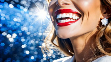 A beautiful American smile of a woman close-up with a festive sparkling background.の素材