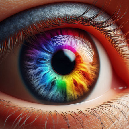 A human eye closeup shows a vibrant rainbow iris with intricate patterns, a spectacular visual display. Generative ai..の写真素材