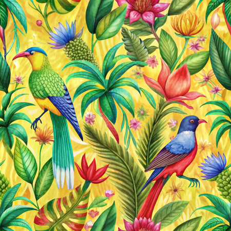 Yellow seamless pattern of colorful birds perch on vibrant flowers and branches in a lush tropical setting.の素材