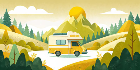 A yellow camper van is parked near a peaceful lake, with a backdrop of a pine forest and towering mountainsの素材