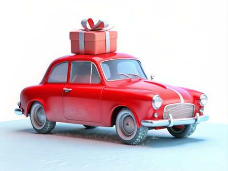 A vintage red car full of gifts on the roof on a white background.の素材