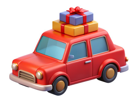 A vintage red car full of gifts on the roof on a white background. Plastic 3D style.の素材