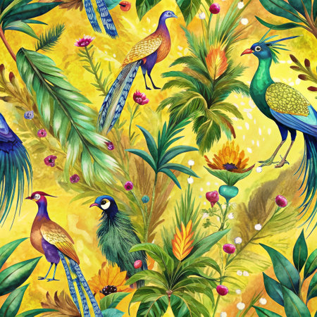 Yellow seamless pattern of colorful birds perch on vibrant flowers and branches in a lush tropical setting.の素材