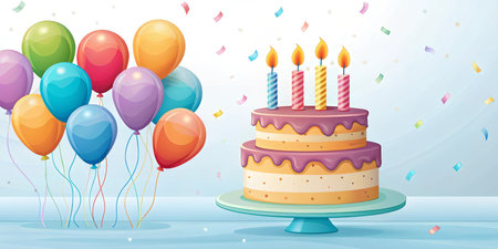 A birthday cake with a candles, surrounded by vibrant balloons, perfect for celebrations.の写真素材