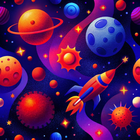 Immerse in the vibrant beauty of outer space, adorned with planets and a rocket. Seamless pattern.の素材