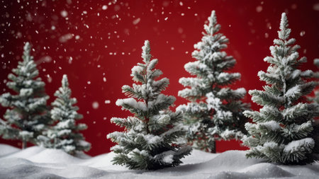 A beautiful snowy Christmas scene featuring charming festive trees adorned with ornamentsの素材