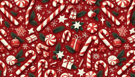 A Festive Christmas Pattern featuring delightful Candy Canes and various Holiday Decorの素材