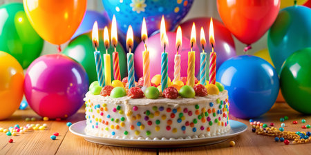 A birthday cake with a candles, surrounded by vibrant balloons, perfect for celebrations.の写真素材