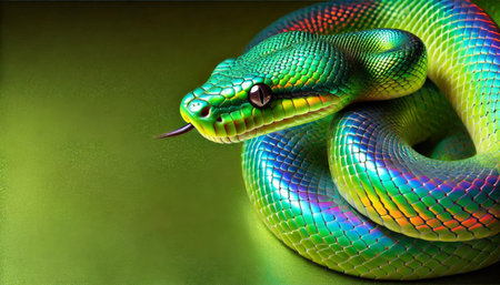 A breathtakingly stunning green snake is elegantly coiled, reflecting a captivating and ethereal aura.の写真素材