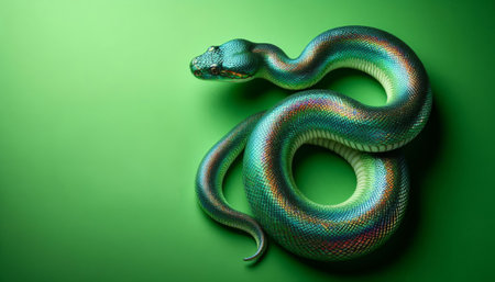 A breathtakingly stunning green snake is elegantly coiled, reflecting a captivating and ethereal aura.の写真素材