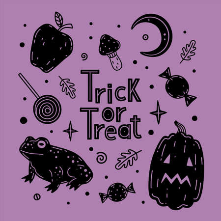 Pumpkin, mushroom, candies, apple, frog vector illustration. Halloween vector set. Collection of halloween attributes and symbolsのイラスト素材