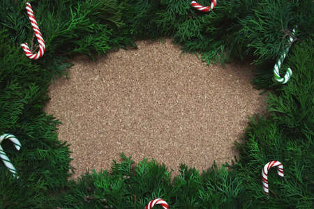 Frame of conifer branches and candy canes on a cork board. Christmas