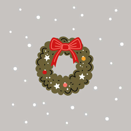 Advent wreath with a red bow in cartoon style. Christmas vector flat illustration. New Year decorative elementのイラスト素材