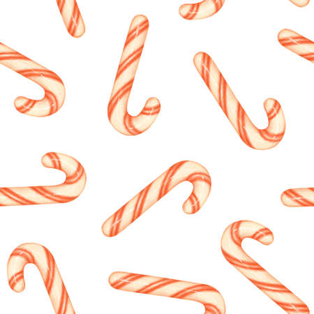Red and white striped candy canes on a white background. Christmas seamless pattern with candy canesの写真素材