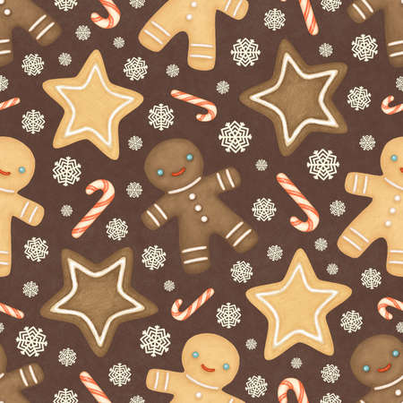 Christmas seamless pattern with gingerbread men. Gingerbread men, candy canes, and snowflakes on a brown backgroundの写真素材