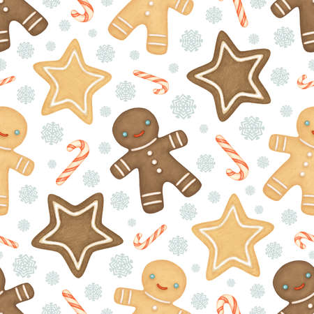 Gingerbread men, candy canes, and snowflakes on a white background. Christmas seamless pattern with gingerbread menの写真素材