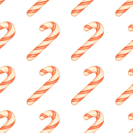 Christmas seamless pattern with candy canes. Red and white striped candy canes on a white backgroundの写真素材